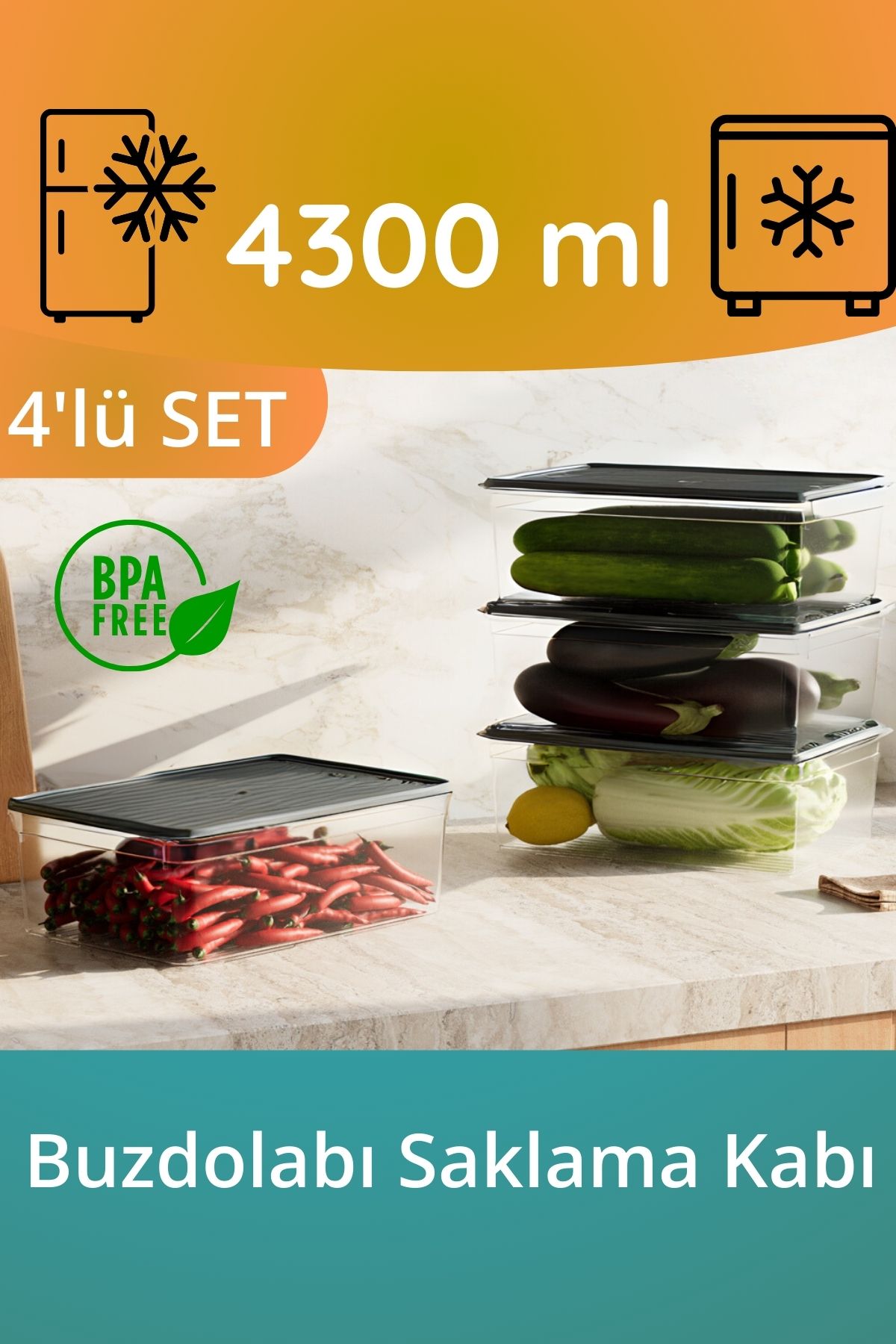 Dnl Home 4'lü 4.3 Litre Buzdolabı Dondurucu Difriz Organizer Saklama Kabı (4 x 4300 ml)