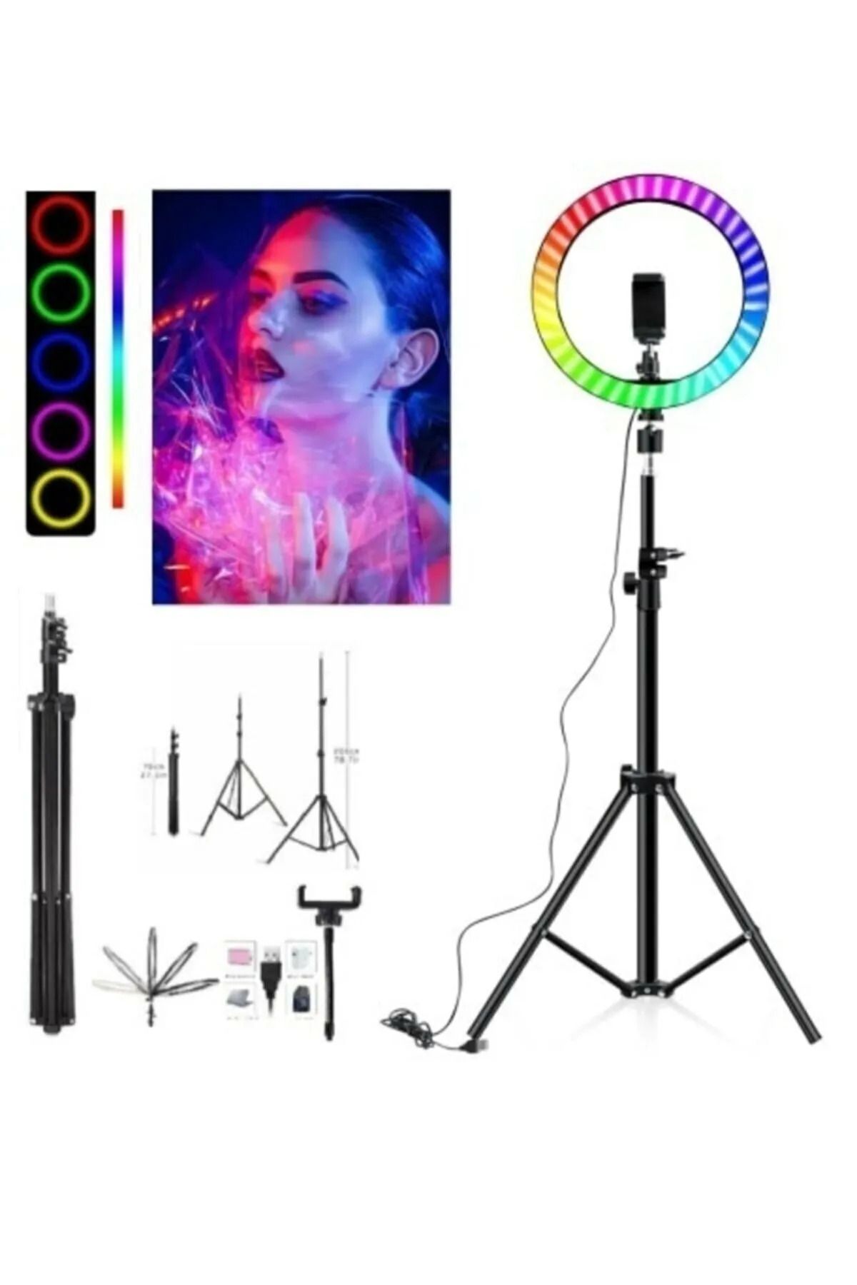 Aırstorr 12 Inç (33 CM) Rgb Çok Renkli Led Make Up Selfie Işığı 210 Cm Tripot Selfie Çubuğu