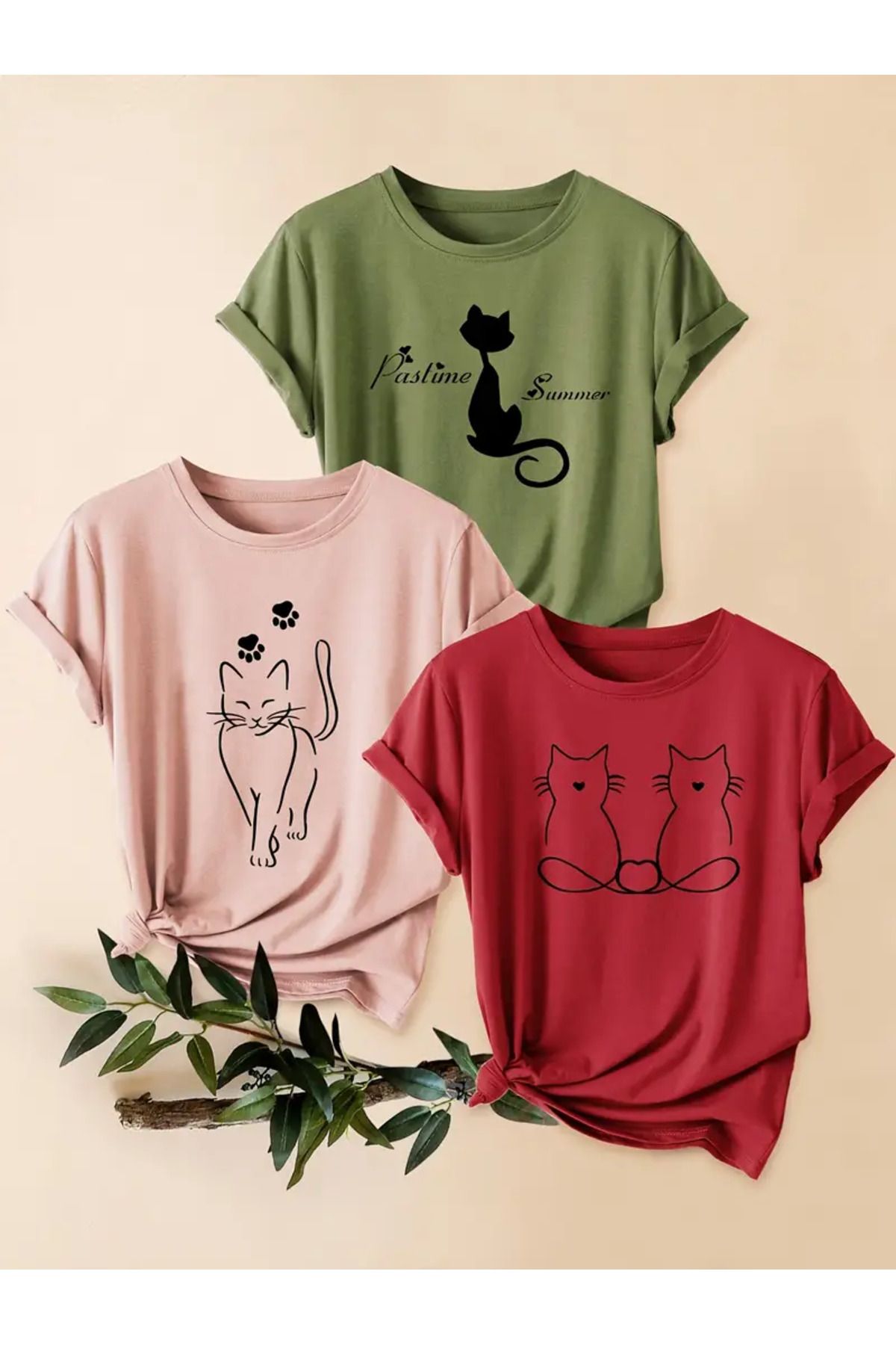 bellanova 3'lü Kadın Oversize Kedi Desenli Tişört Seti – Farklı Renk ve Baskı Seçenekleri