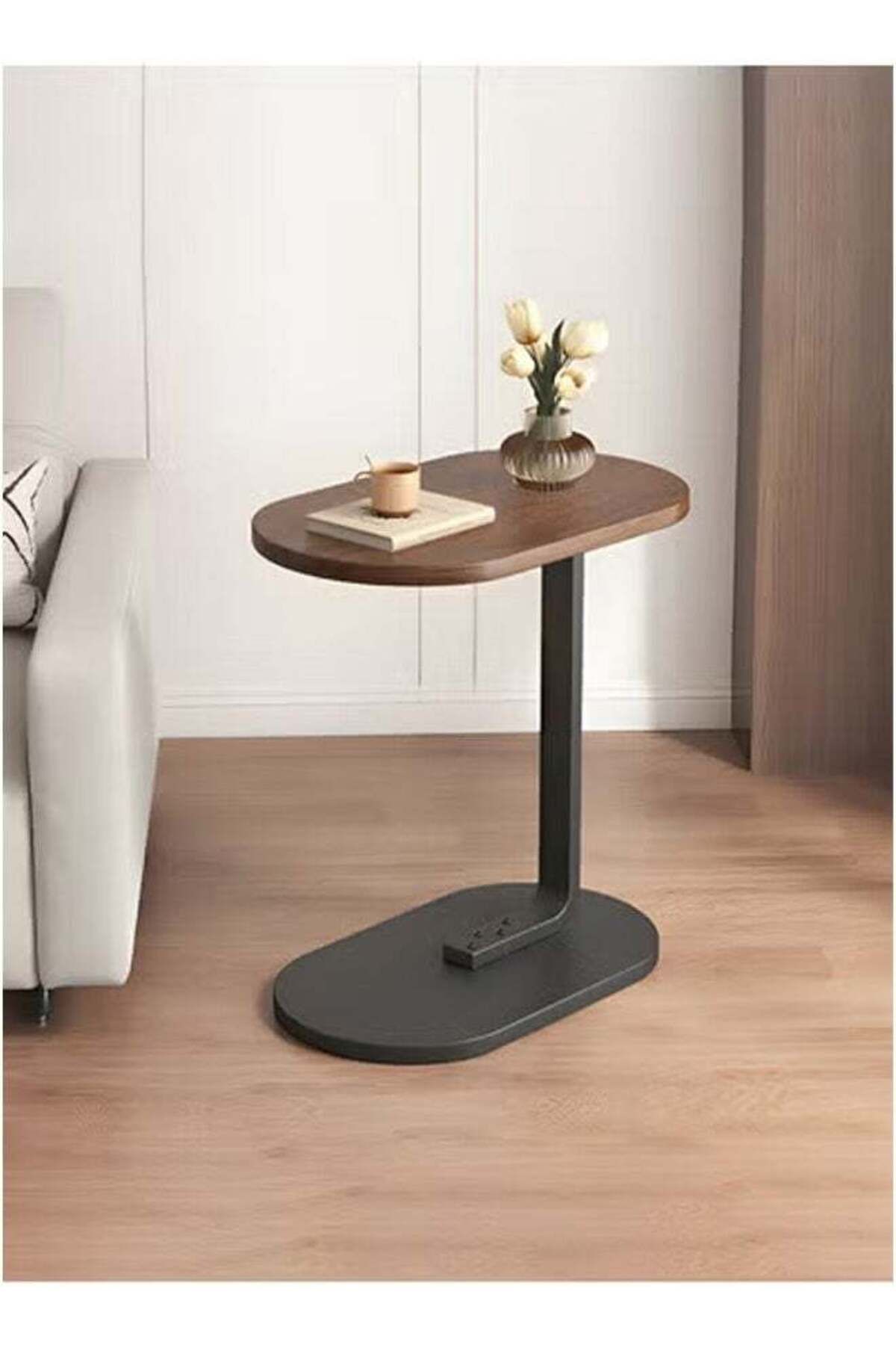 Taimi-2pieces C-Shaped Side Table Elegant Design with Metal 45x30x63cm-Brown Color With Black Frame 4