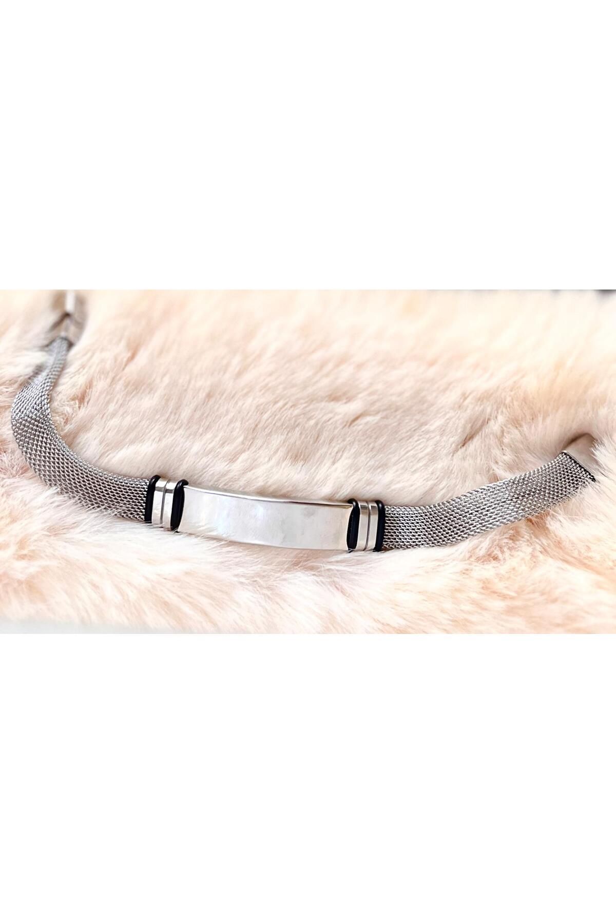 Bay hediye Tamamı Saf Çelik Gümüş Renk Hasır Hafif Kordonlu Bileklik 22 cm