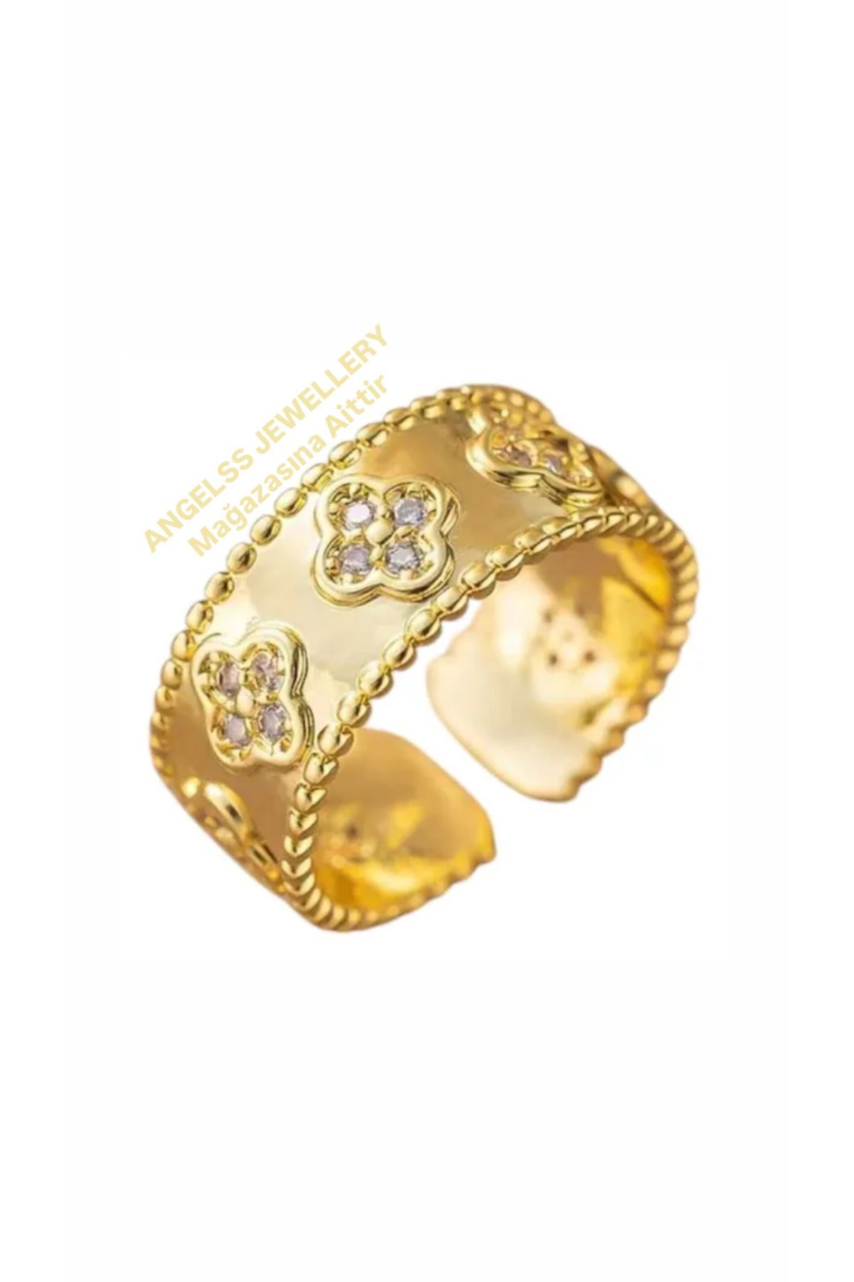 ANGELSS JEWELLERY Yonca Marka Model Zirkon Taşlı Gold Yüzük (Yonca Gold Taşlı Ayarlanabilir Yüzük)
