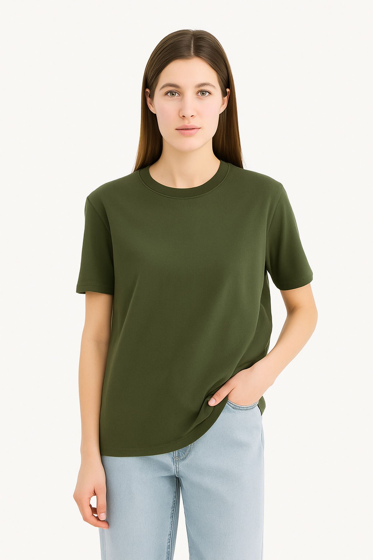 EydaMoon Kadın Regular Likralı Süprem %100 Pamuk Kumaş Bisiklet Yaka Basic T-shirt
