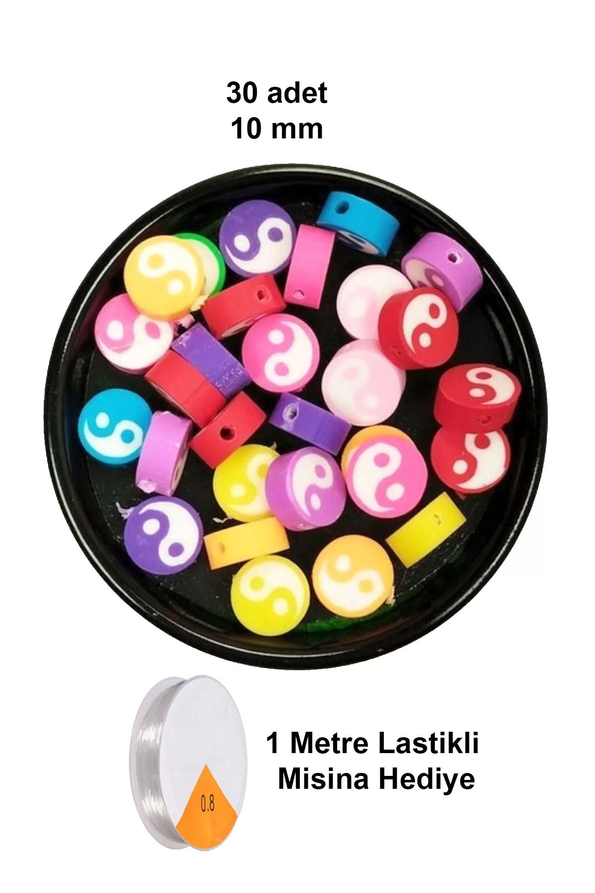 PRATİKOBA 30 Adet 10 mm Polimer Kil Fimo Boncuk Takı Bileklik + 1 Metre Lastikli Misina Hediye - Renkli Yin Ya