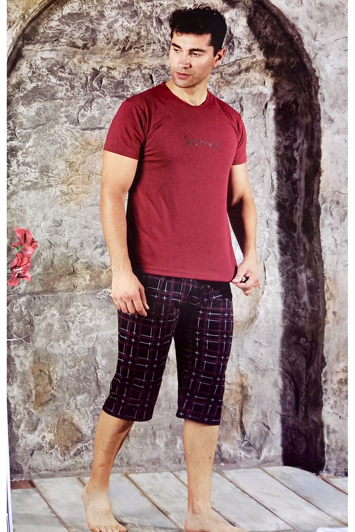 Ercan Erkek Bordo Penye Kaprili Pijama Takımı