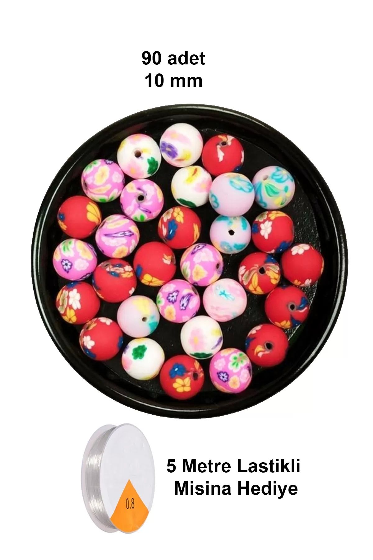 PRATİKOBA 90 Adet 10 mm Polimer Kil Fimo Boncuk Takı Bileklik + 5 Metre Lastikli Misina Hediye - Desenli Yuvar