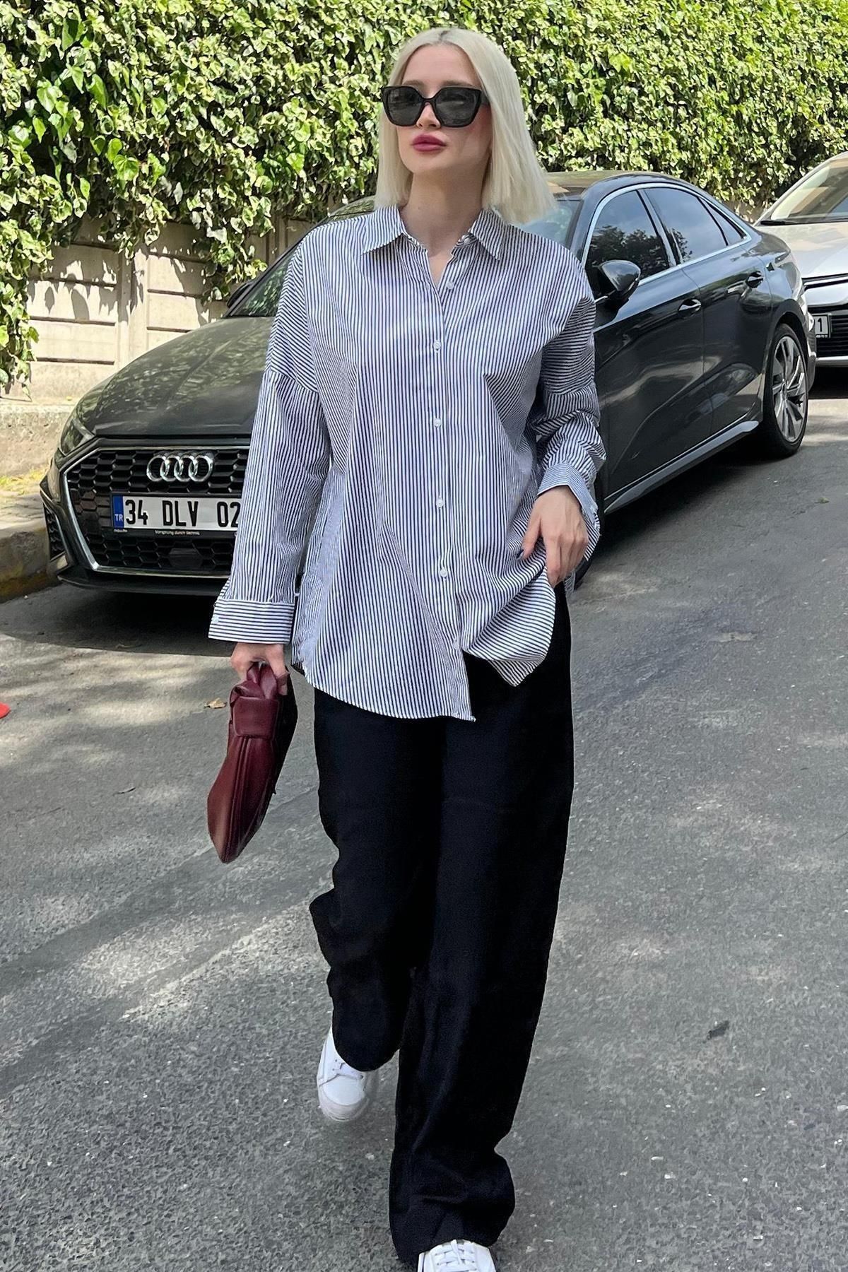 EKİNORA Kadın Oversize Çizgili Keten Karışımlı Gömlek