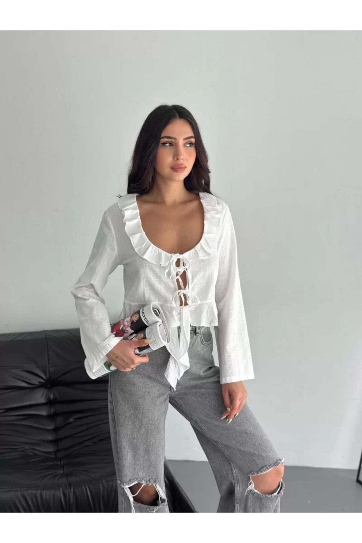 BBbutik Rahat Keten Uzun Kol Bağcık Detaylı Yazlık Bluz