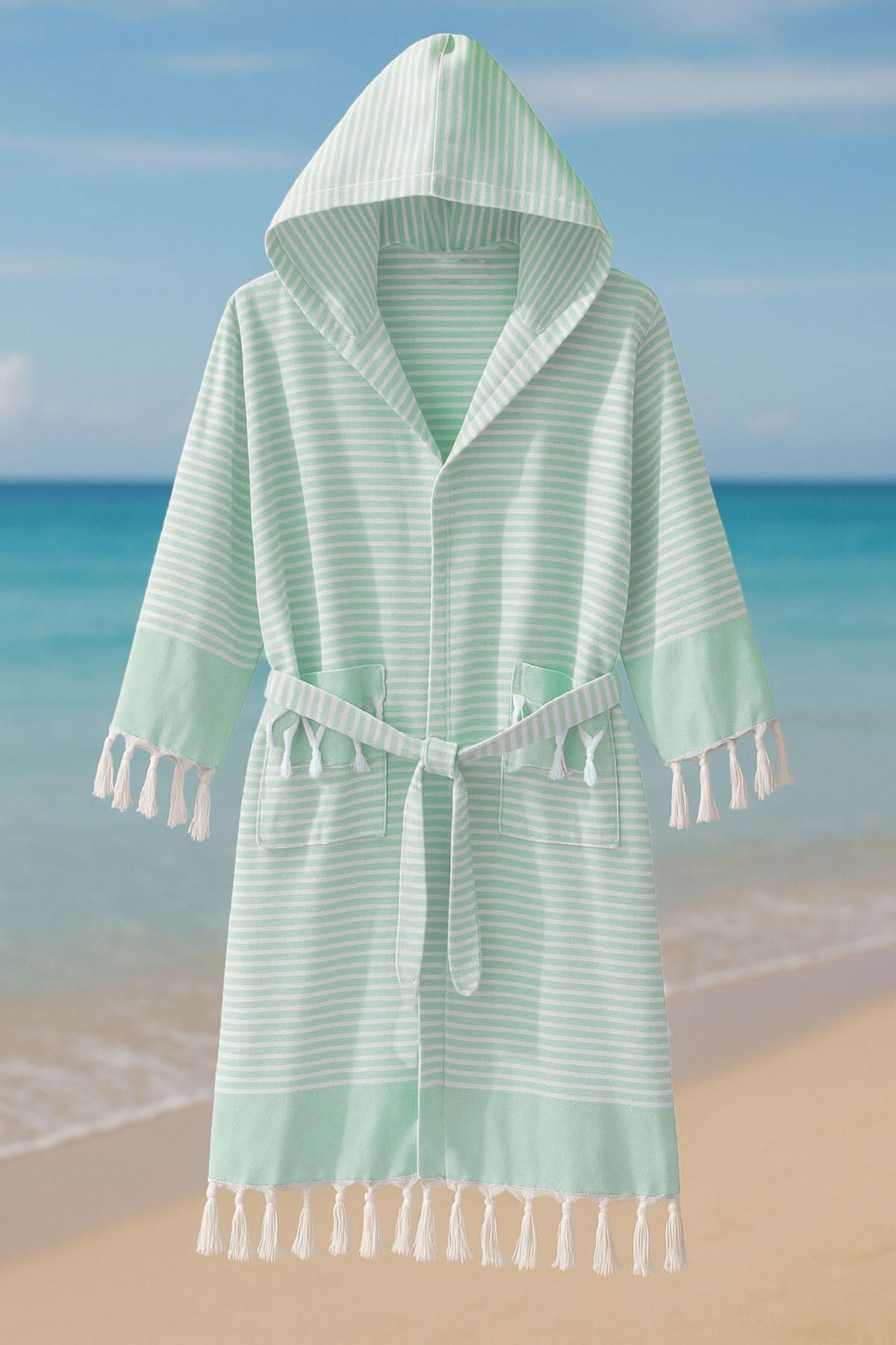 Mira Home Kapşonlu Unisex Peştemal Plaj Bornozu %100 Pamuklu Seaside Stripe