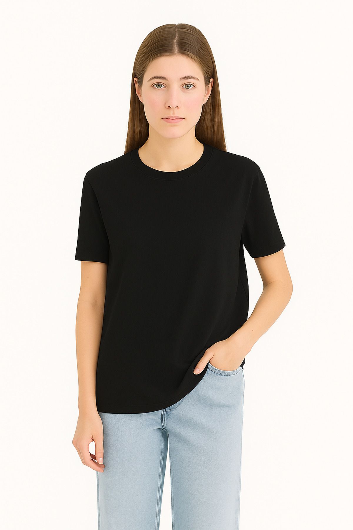 EydaMoon Kadın Regular Likralı Süprem %100 Pamuk Kumaş Bisiklet Yaka Basic T-shirt