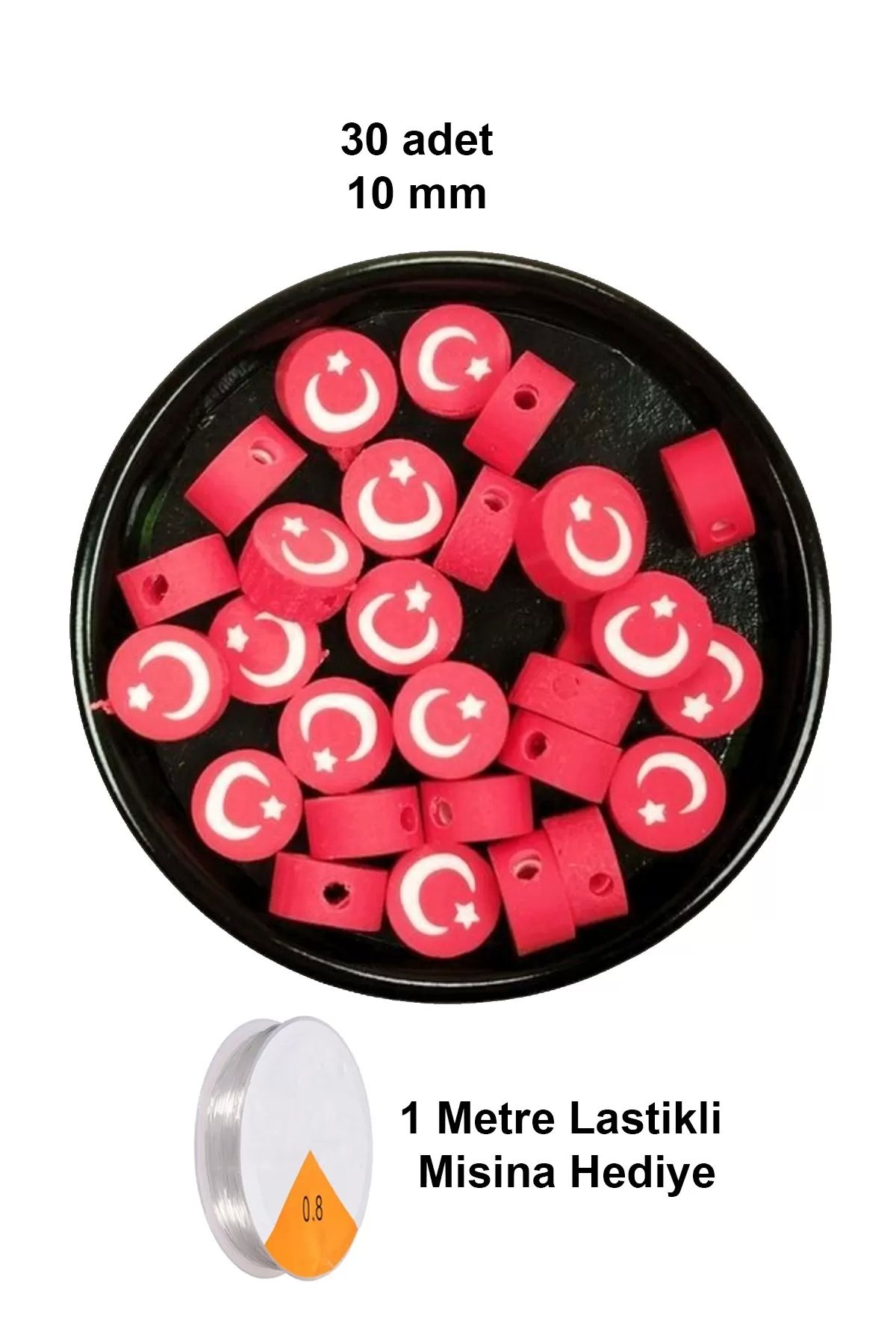 PRATİKOBA 30 Adet 10 mm Polimer Kil Fimo Boncuk Takı Bileklik + 1 Metre Lastikli Misina Hediye - Türk Bayrağı