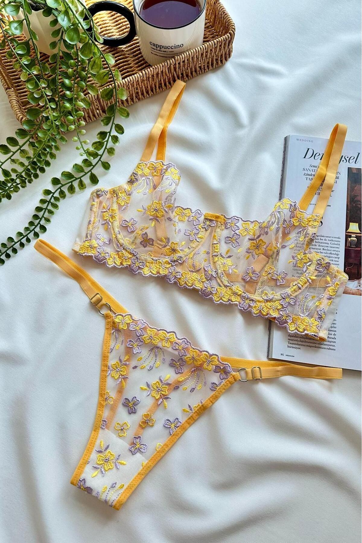 Vera Vibe Sarı Çiçek İşlemeli Transparan Sütyen & String Balenli Dantelli Tül Bralet Çeyiz İç Çamaşır takımı