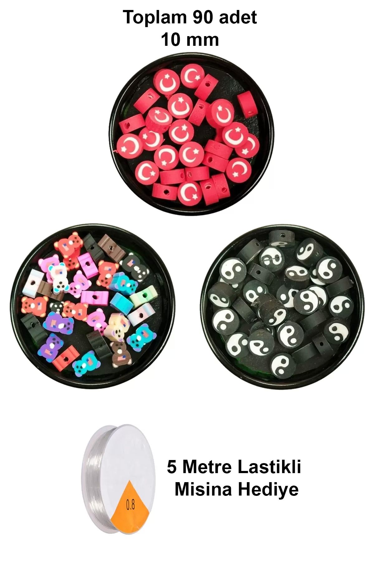 PRATİKOBA 90 Adet 10 mm Polimer Kil Fimo Boncuk Takı Bileklik + 5 Metre Misina Hediye - Ayıcık - Bayrak - Yin