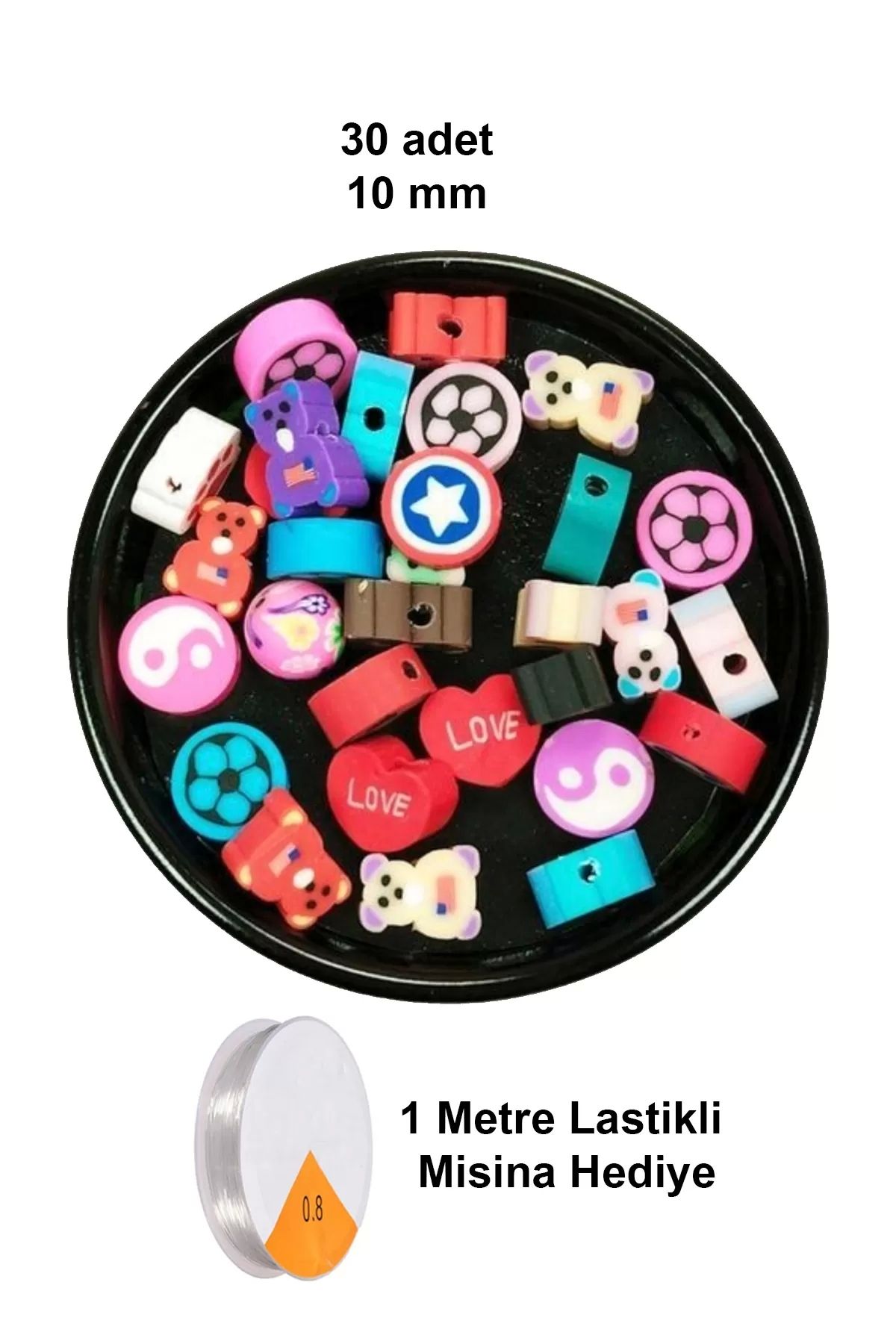 PRATİKOBA 30 Adet 10 mm Polimer Kil Fimo Boncuk Takı Bileklik + 1 Metre Lastikli Misina Hediye - Karışık Renkl