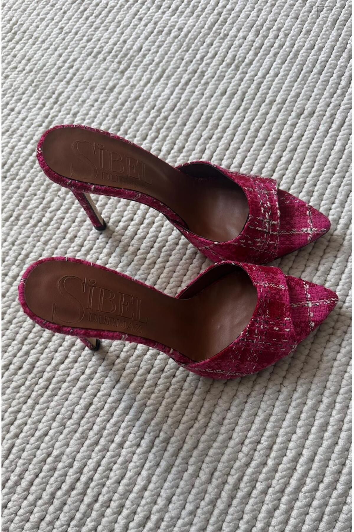 Sibel Shoes-Olympos Pink Tweed Fabric Thin Heel Slippers 2