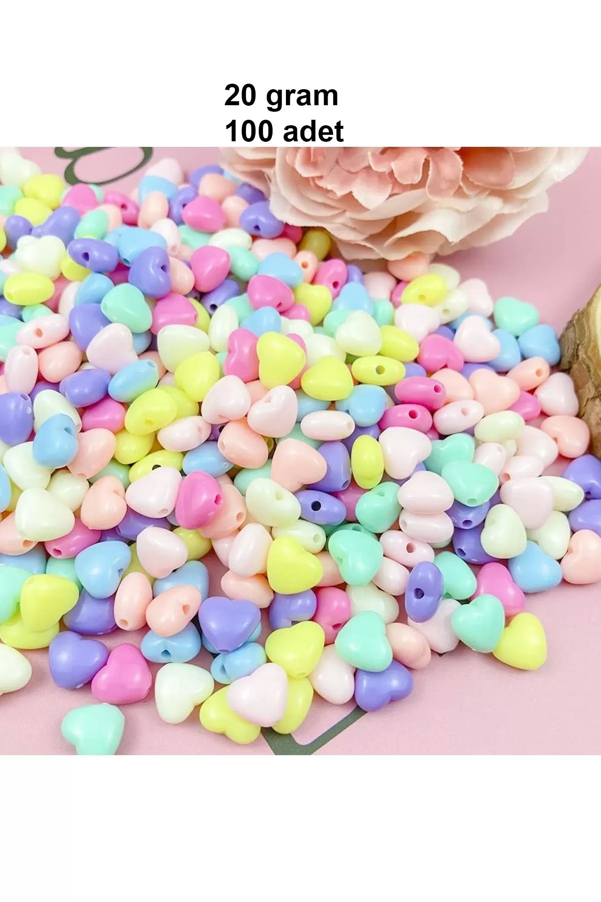 PRATİKOBA 20 gr (100 adet) Şeker Rengi Akrilik Kalp Boncuklar Renkli Karışık Plastik Pastel Boncuklar Ara Bonc