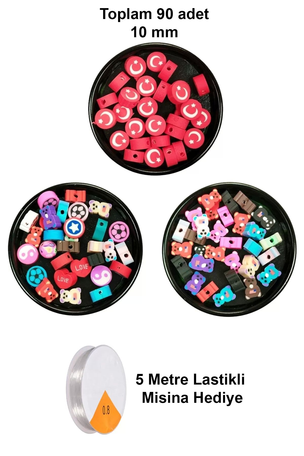 PRATİKOBA 90 Adet 10 mm Polimer Kil Fimo Boncuk Takı Bileklik + 5 Metre Misina Hediye - Karışık - Bayrak - Ayı