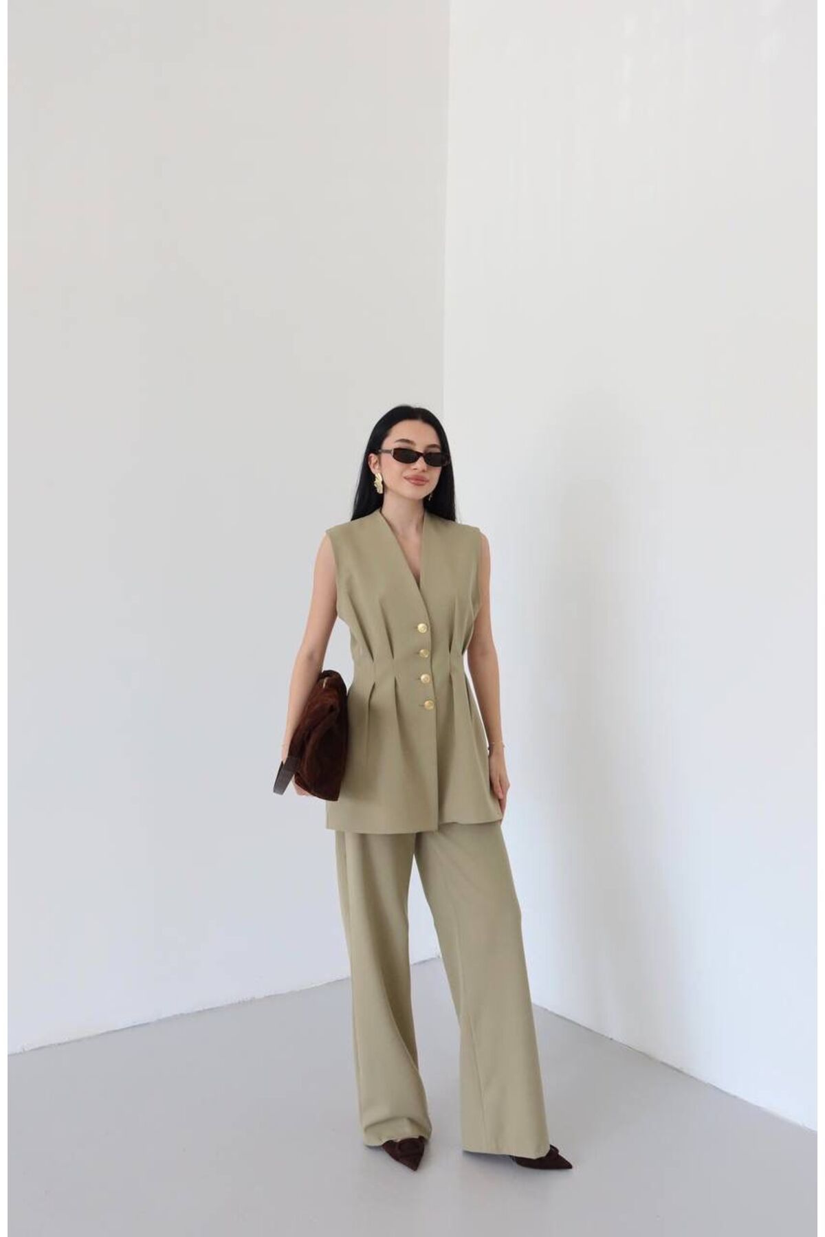 MODA Haki Gold Düğmeli İkili Yelek Takım