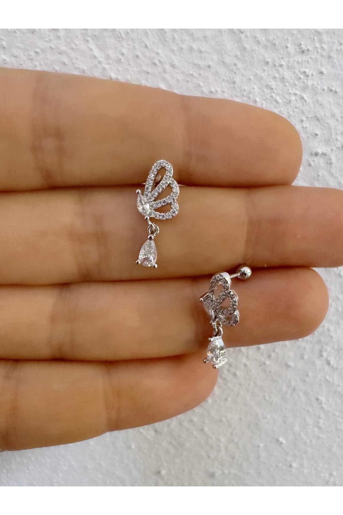 Arescollection 1 adet zirkon taşlı damla sallantılı SOL kulak uyumlu tragus kıkırdak helix lobe piercing küpe