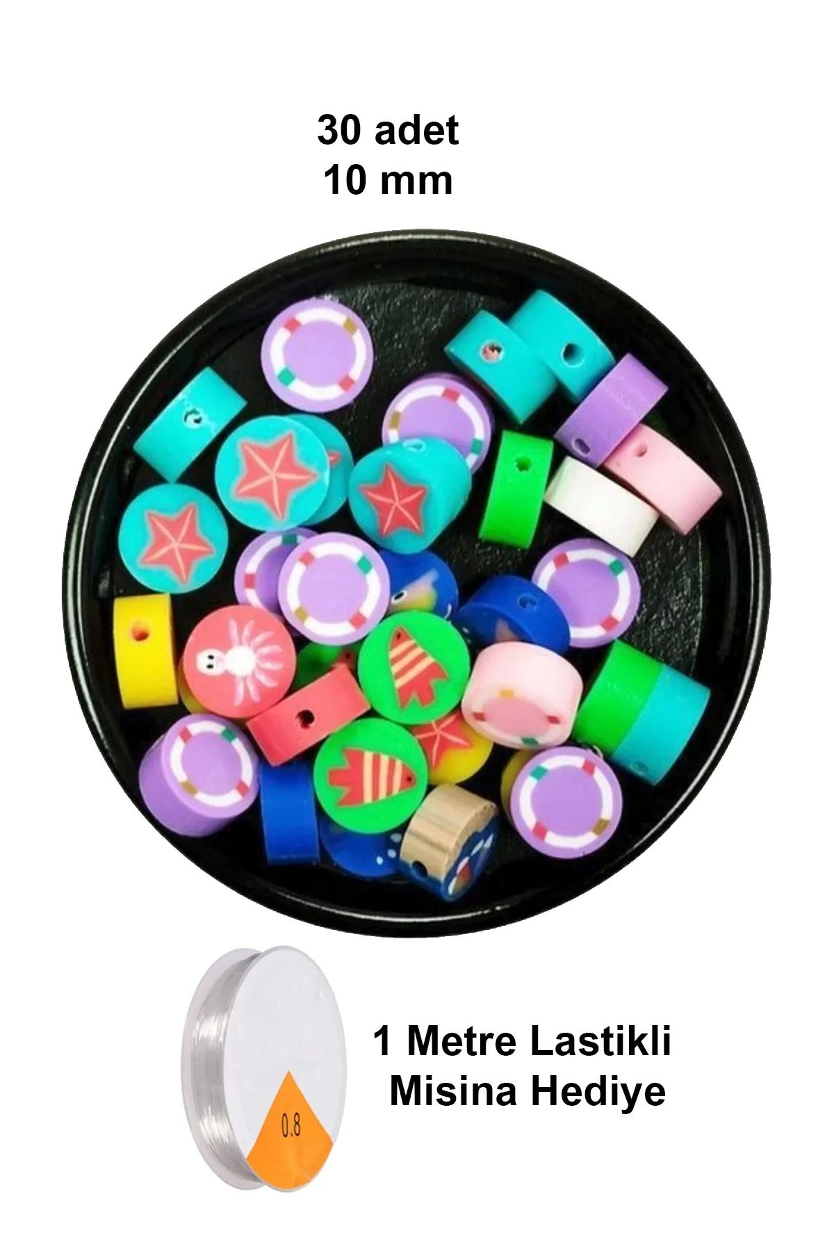 PRATİKOBA 30 Adet 10 mm Polimer Kil Fimo Boncuk Takı Bileklik + 1 Metre Lastikli Misina Hediye - Deniz Teması