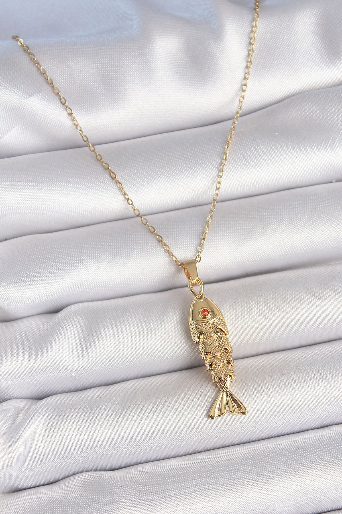 lumossia 316L Çelik Zincir Gold Renk Zirkon Taşlı Balık Figürlü Kolye