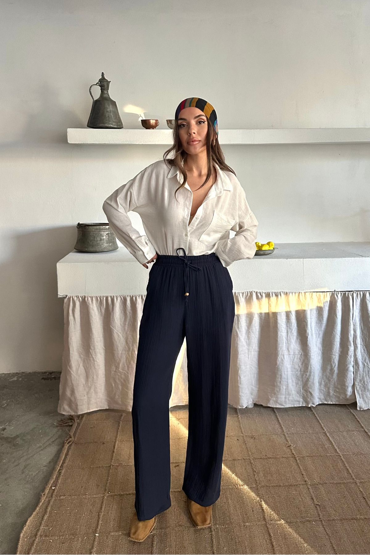 macharel jeans Müslin Keten Bol Paça Cepli Salaş Pantolon