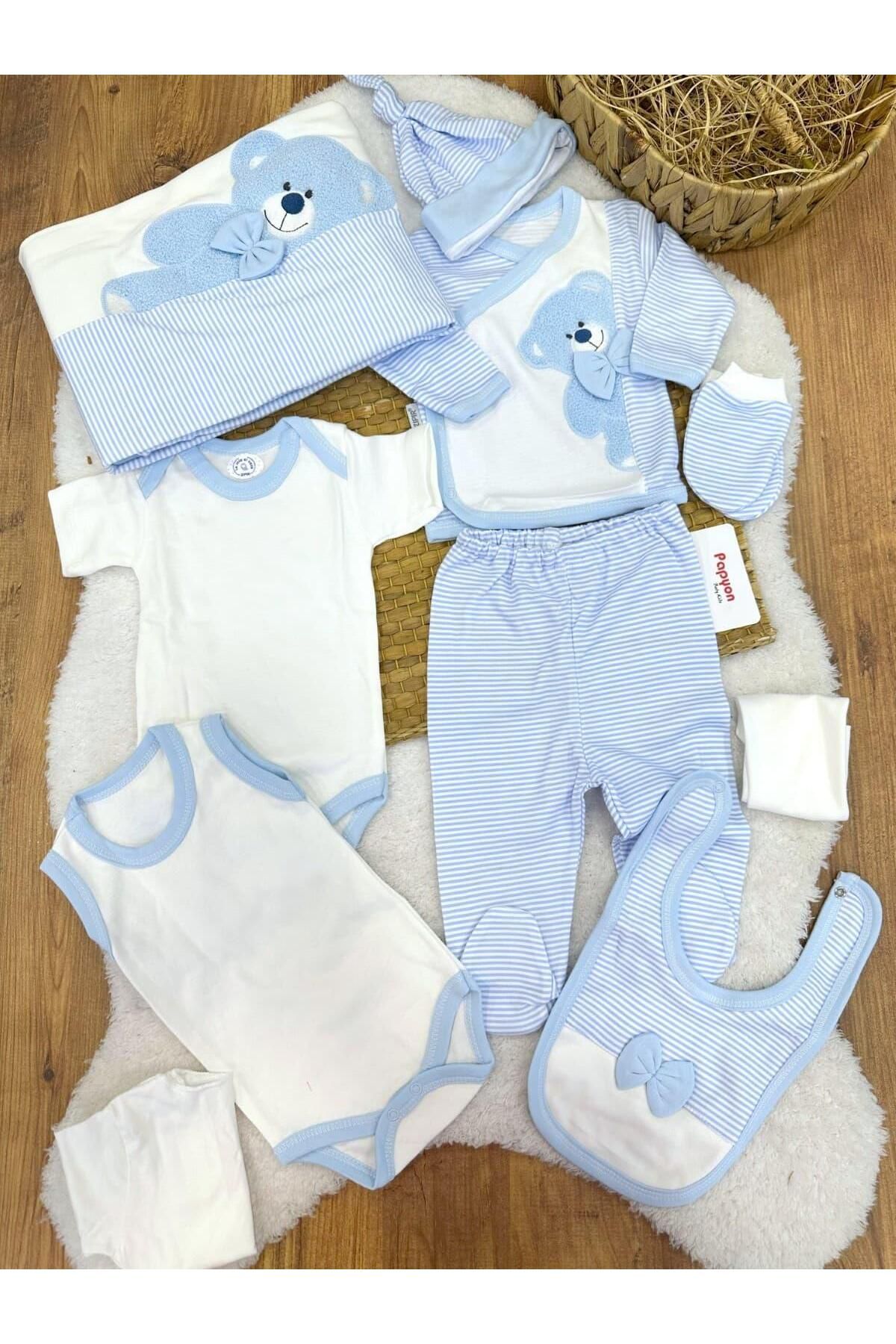 Papyon Baby Kids Süzene Ayıcık Nakışlı Yenidoğan Erkek Bebek 10lu Zıbın Set Hastane Çıkışı