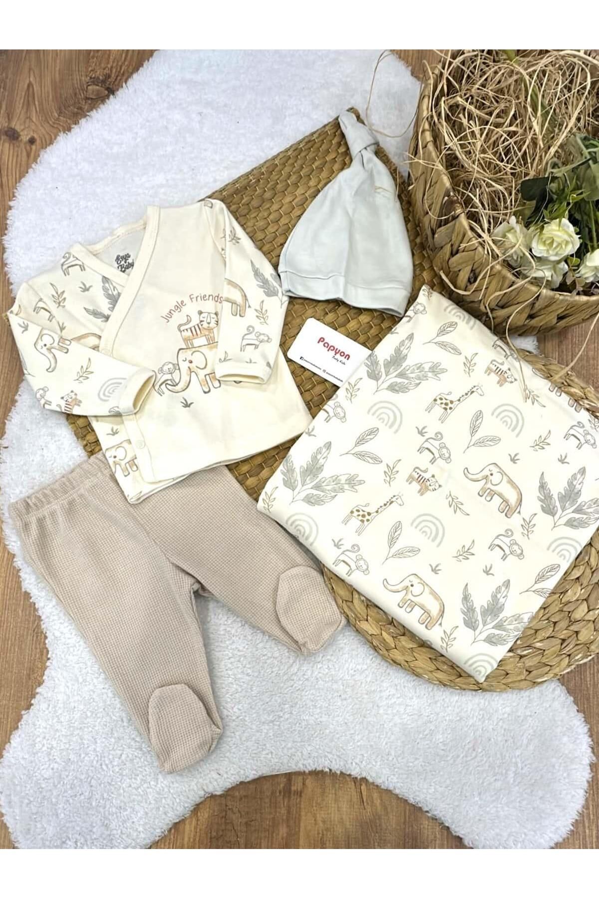 Papyon Baby Kids Jungle Friends Safari Baskılı Battaniyeli Yenidoğan Erkek Bebek 4lü Hastane Çıkış Seti