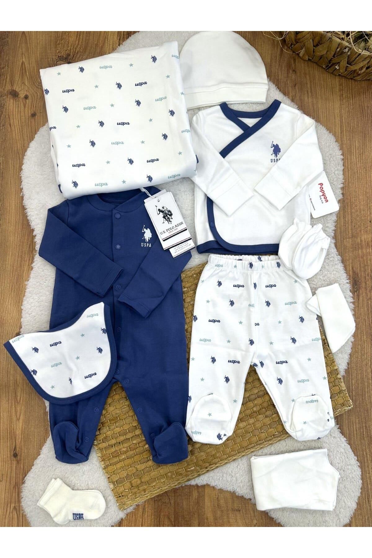 Papyon Baby Kids Uspa Baskılı Tulumlu Yenidoğan Erkek Bebek 10lu Zıbın Set Hastane Çıkışı