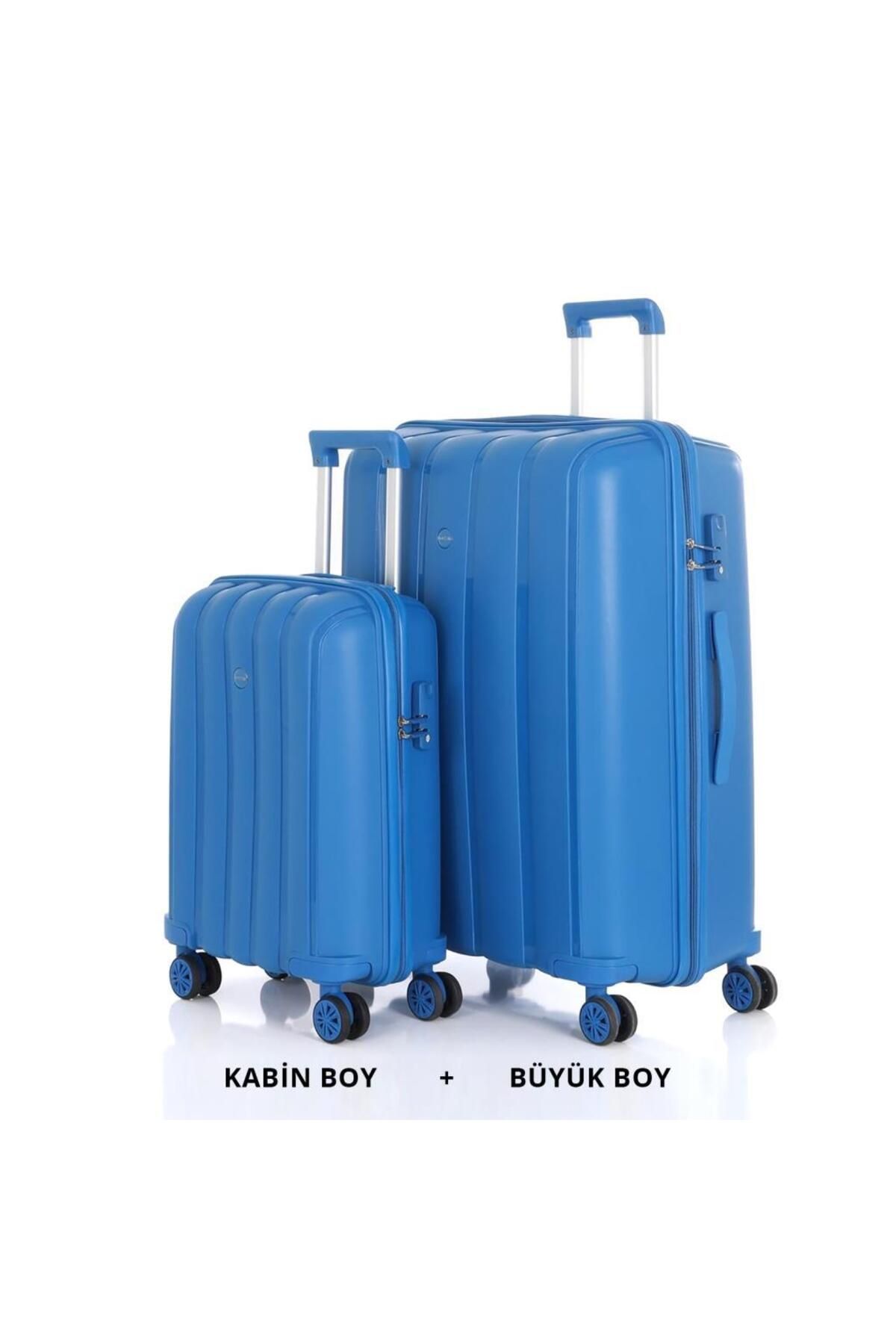 MÇS Bavul Büyük ve Kabin 2li Set Kırılmaz Silikon Valiz V305 SaksMavi