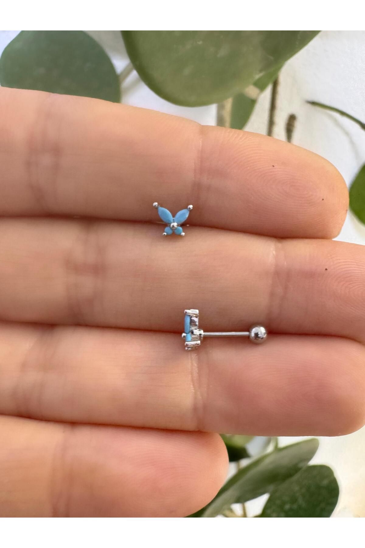 Arescollection 1 ADET MAVİ ZİRKON TAŞLI KELEBEK TRAGUS HELİX KIKIRDAK LOBE UYUMLU PİERCİNG KÜPE