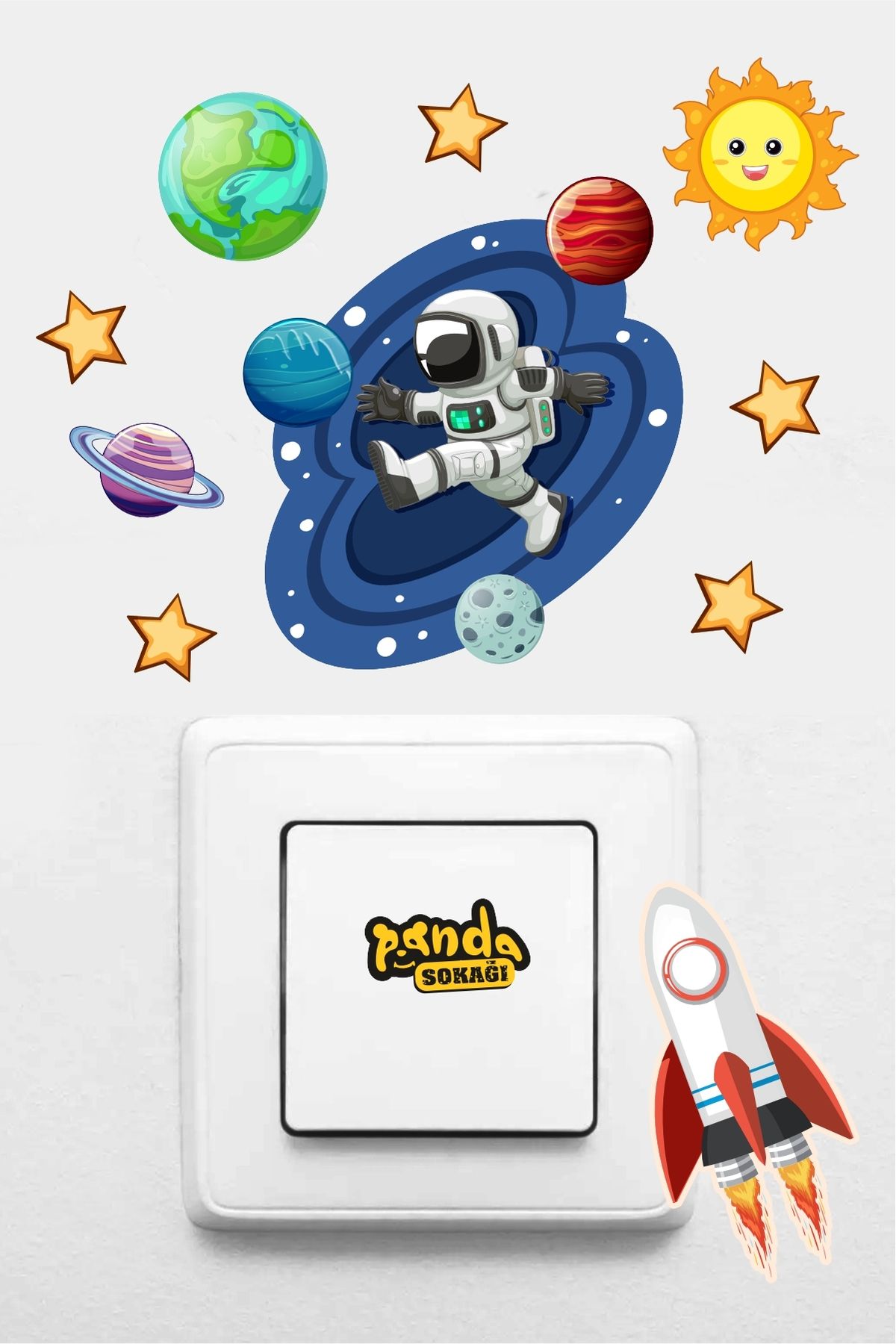 PANDA SOKAĞI Çocuk Odası Duvar Priz Sticker Mini Boy Sticker - Tüm Yüzeylere Yapışan Mini Sticker Uzay