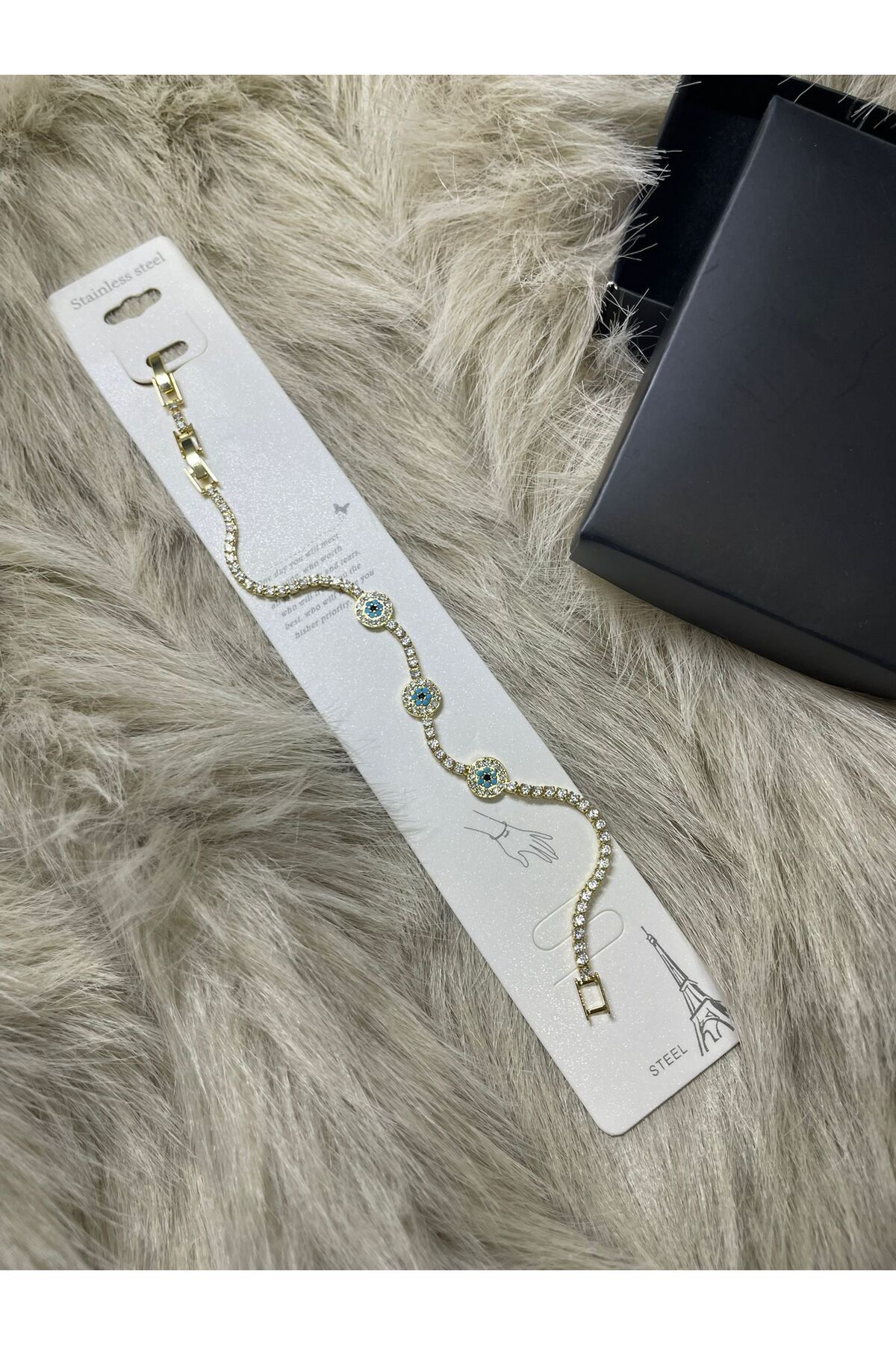 TASARIM13 Stainless Steel Nazarboncuklu Çelik Su Yolu Bileklik (Zirkon Taşlı)