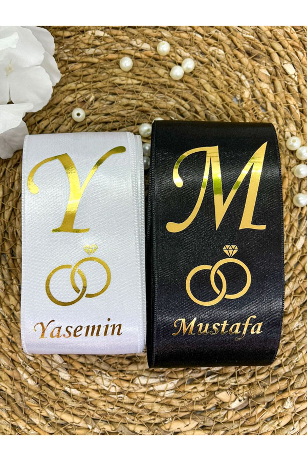 imzatasarım Kişiye Özel Gold Baskılı Alyans Modeli Takı Kurdelesi 6 Cm Eninde 2 Adet Tek Uca Baskı (Tarihsiz)