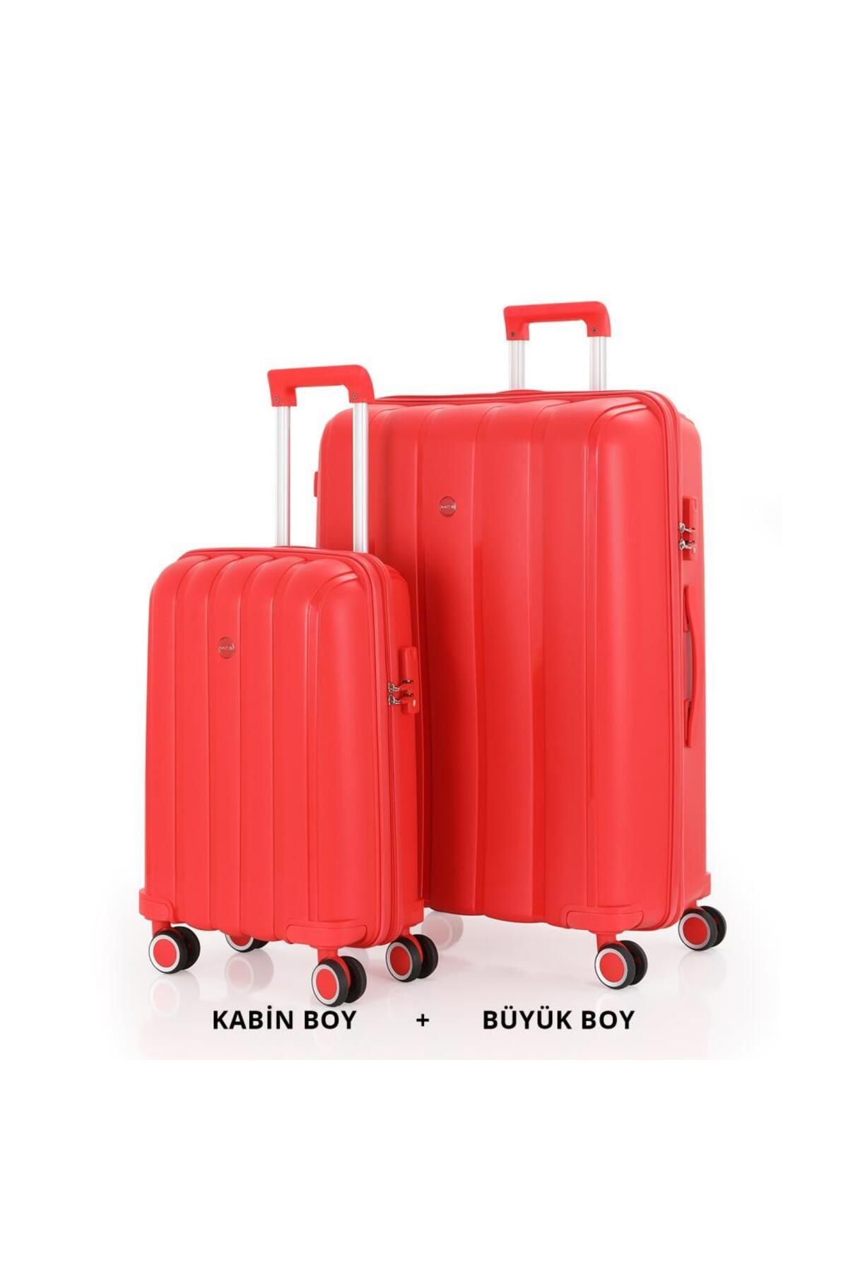 MÇS Bavul Büyük ve Kabin 2li Set Kırılmaz Silikon Valiz V305 Kırmızı
