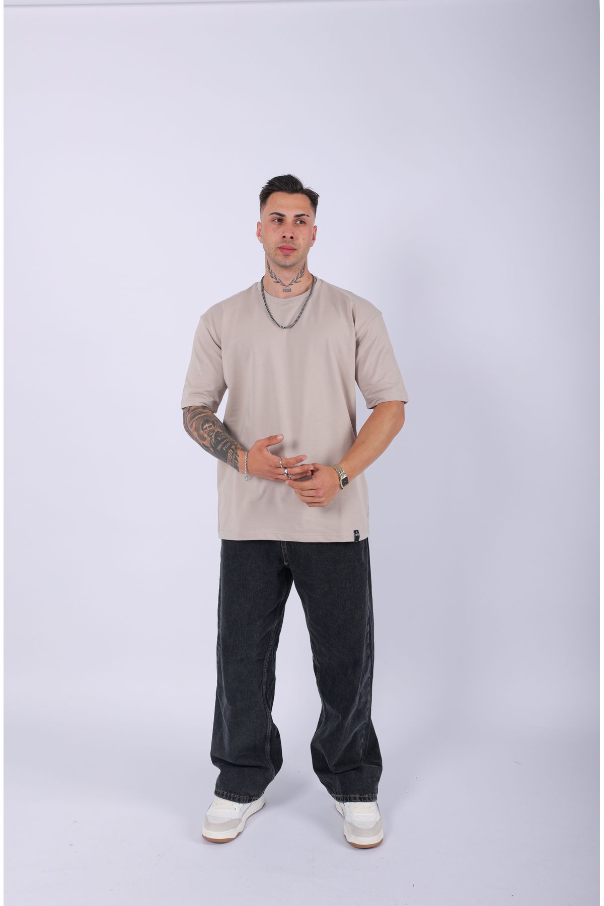 Lescho UNISEX %100 PAMUK OVERSIZE DÜZ T-SHIRT KREM