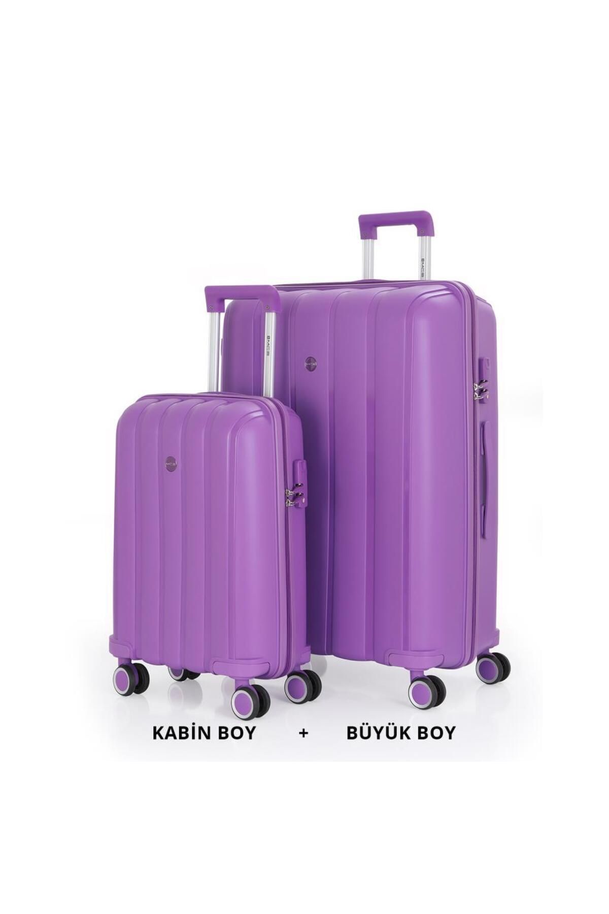 MÇS Bavul Büyük ve Kabin 2li Set Kırılmaz Silikon Valiz V305 Mor