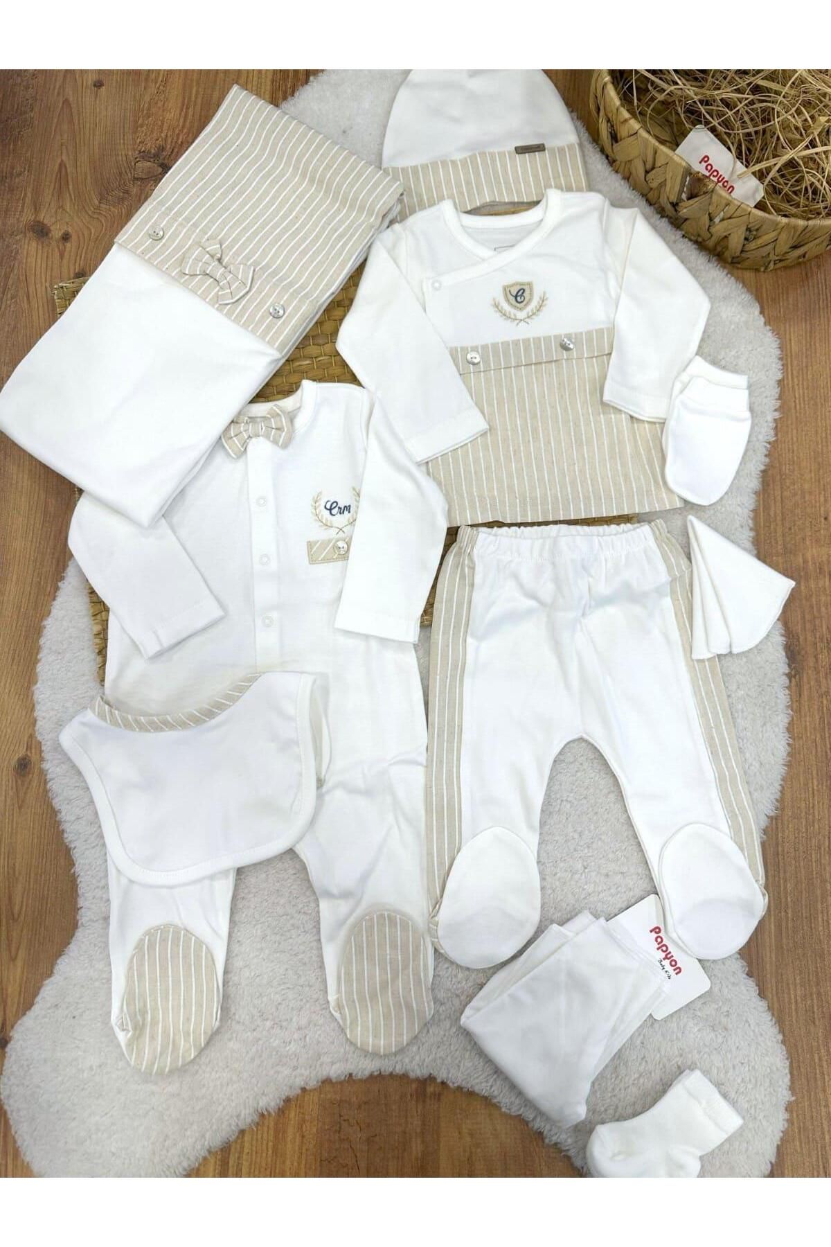 Papyon Baby Kids Crm Armalı Nakışlı Papyonlu Yenidoğan Erkek Bebek Tulumlu 10lu Zıbın Set Hastane Çıkışı