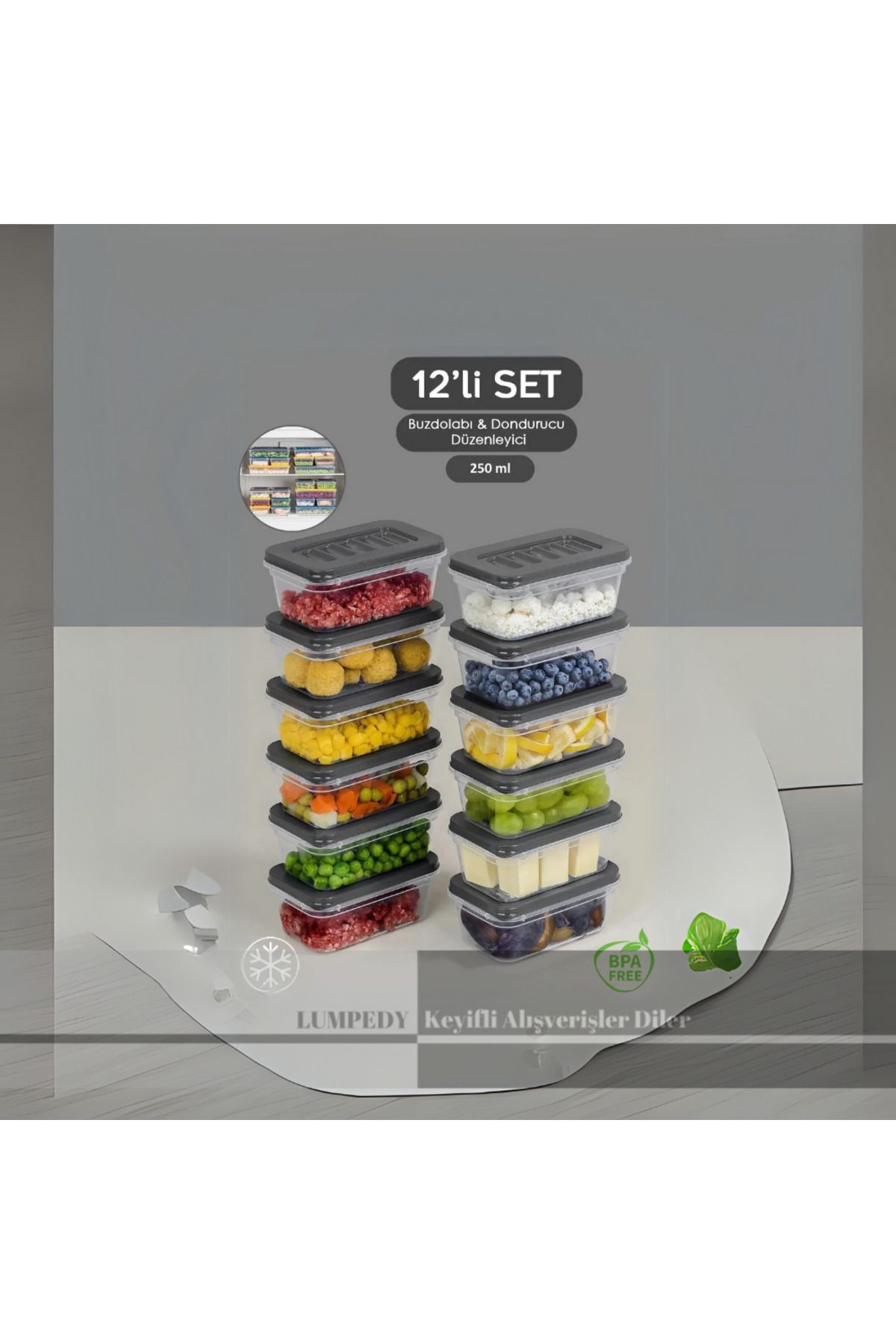Lumpedy 12 Adet 250 ml Dondurucu, Bakliyat, Yemek Kabı-piknik, Mikrodalga Saklama Kabı