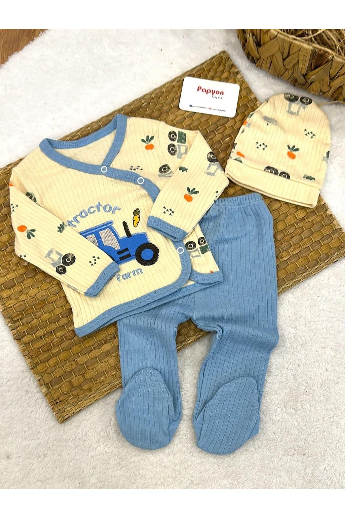 Papyon Baby Kids Tractor Nakışlı Fitilli Yenidoğan Erkek Bebek 3lü Zıbın Set