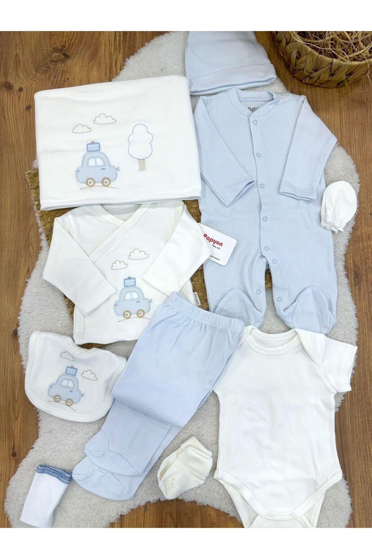 Papyon Baby Kids Bavullu Araba Nakışlı Yenidoğan Erkek Bebek 10lu Zıbın Set Hastane Çıkışı
