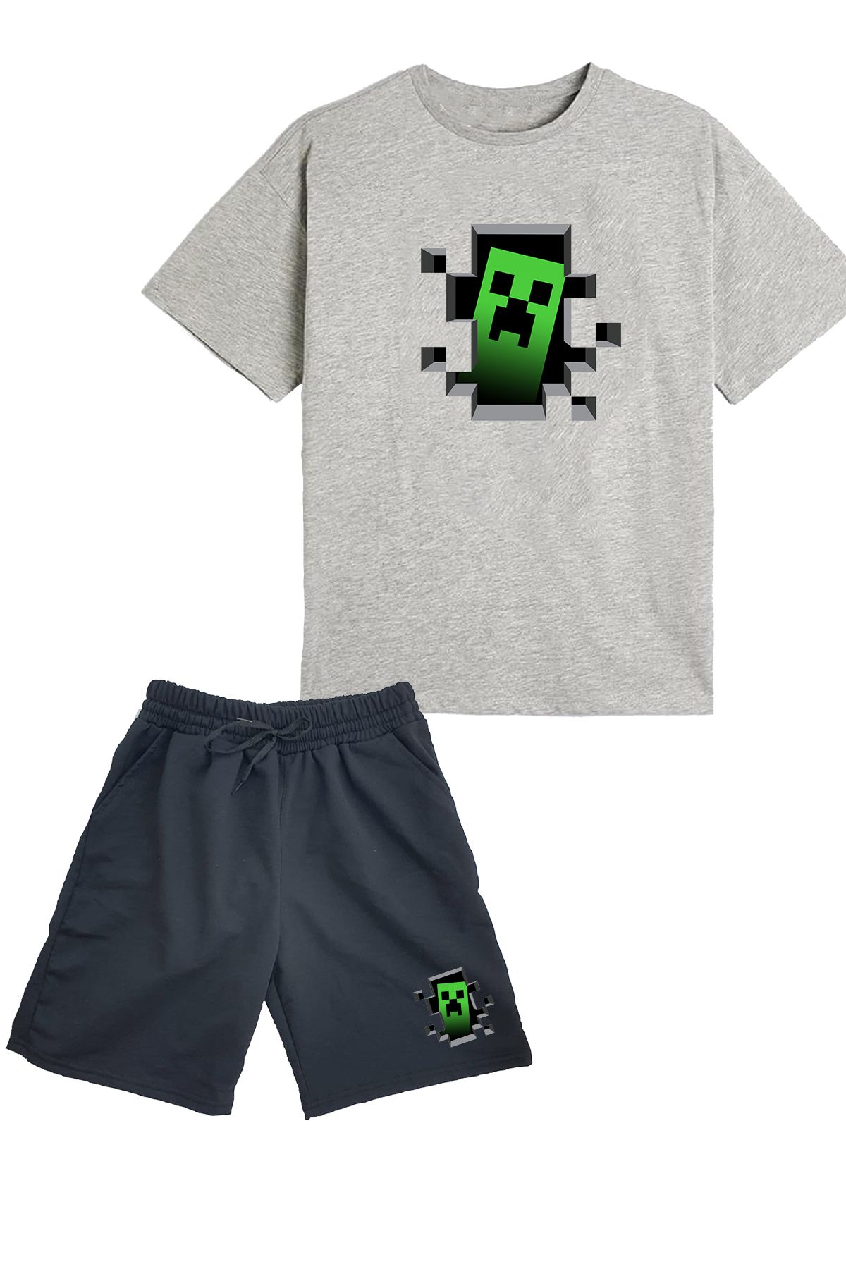 makiteks 2'li Set Baskılı Erkek Çocuk Pamuk Şort Tshirt Takım Mincecr 5 6 7 8 9 10 11 12 13 14 yaş Tişört