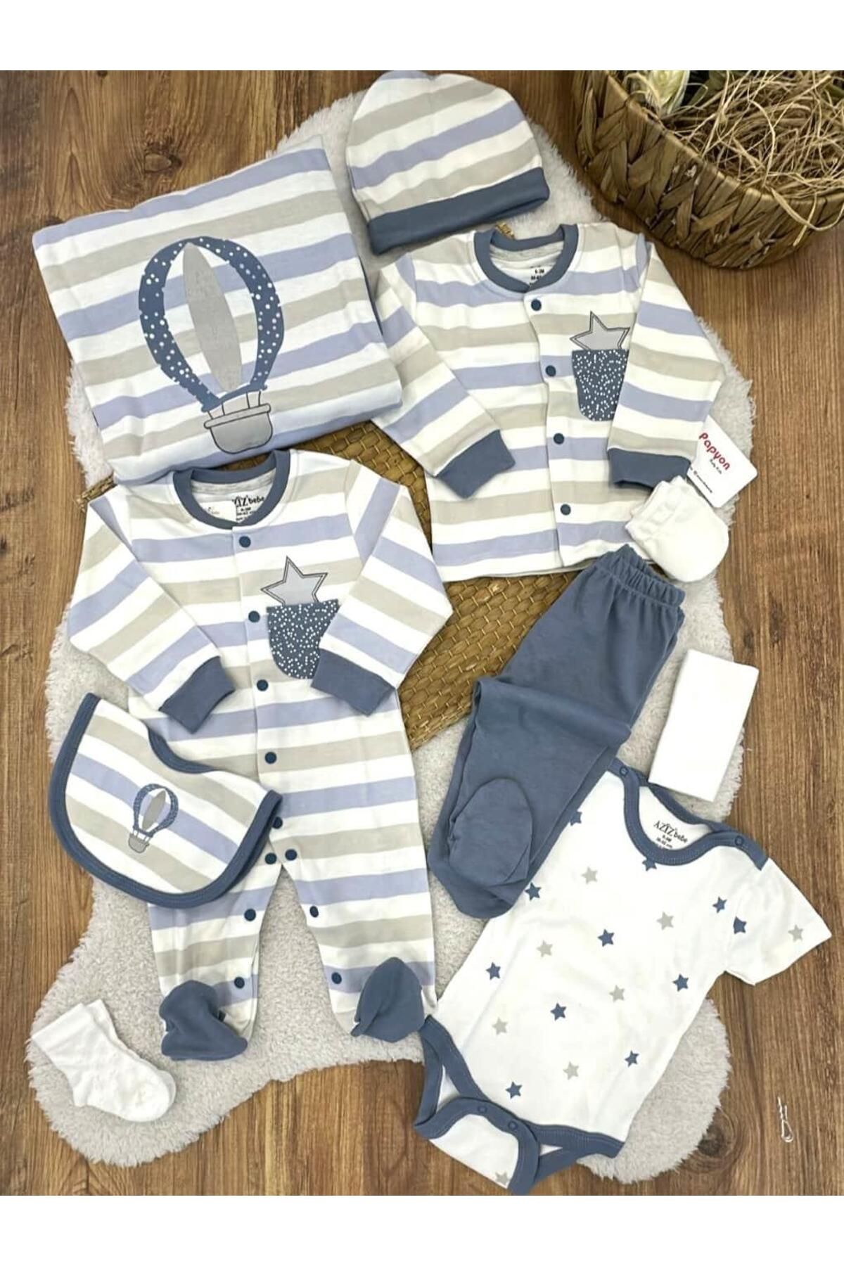 Papyon Baby Kids Cepli Yıldız Baskılı Çizgili Yenidoğan Erkek Bebek 10lu Hastane Çıkış Seti