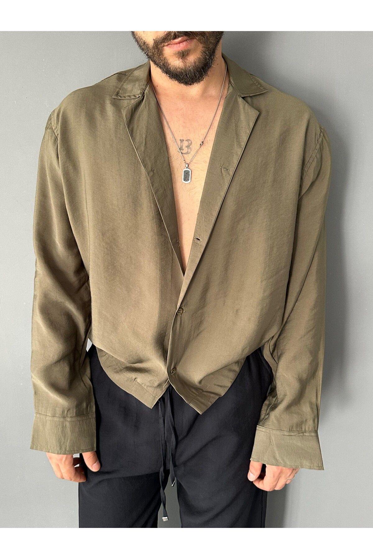THEMANN Apaş Yakalı Modal Kumaş Haki Oversize Gömlek