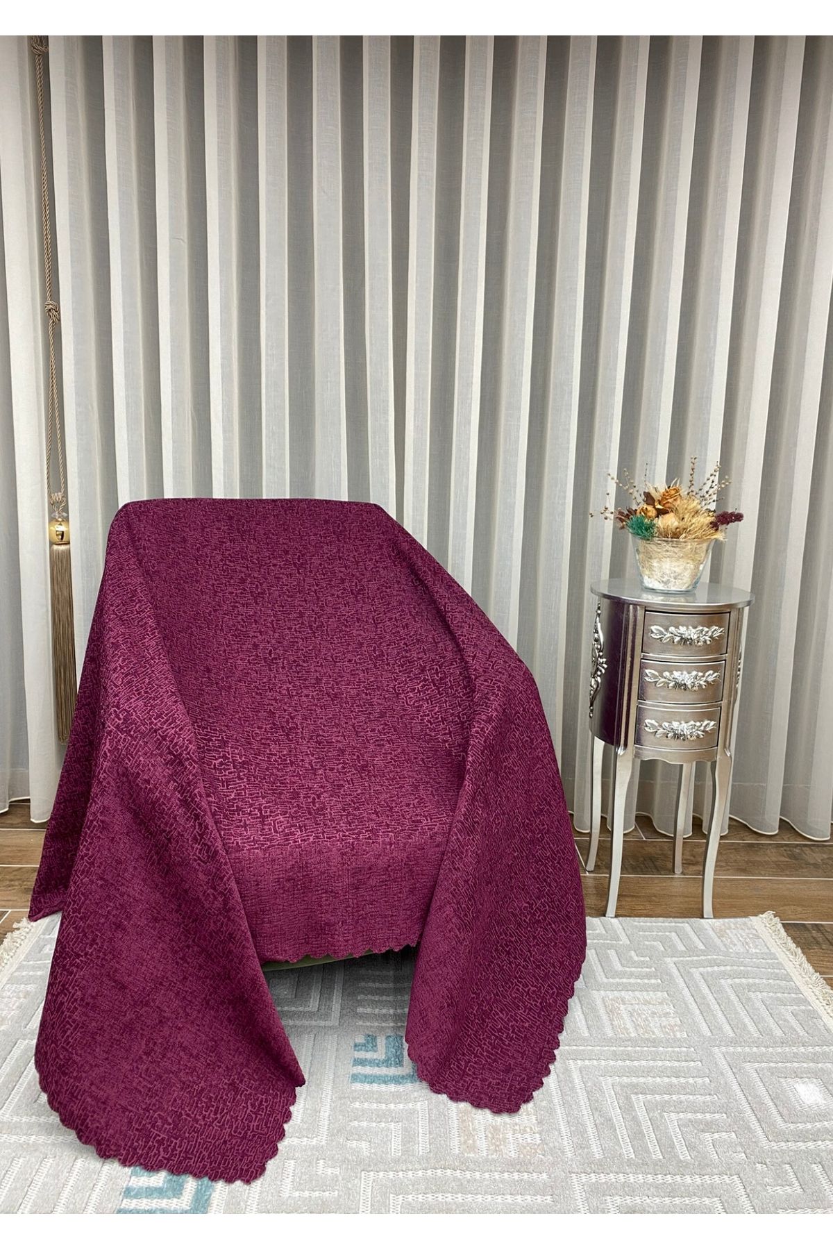Sivalde Şönil Mürdüm Modern Koltuk Örtüsü, Kaymaz Salon Çekyat/Kanepe Örtüsü