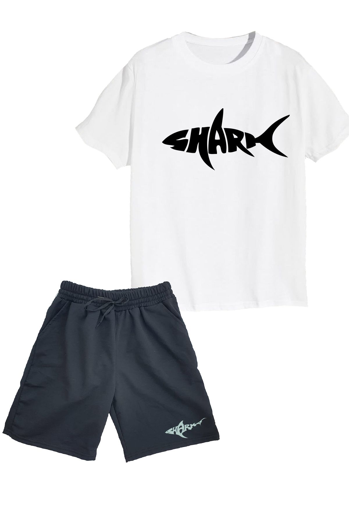 makiteks 2'li Set Baskılı Erkek Çocuk Pamuk Şort Tshirt Takım Shark 5 6 7 8 9 10 11 12 13 14 yaş Tişört