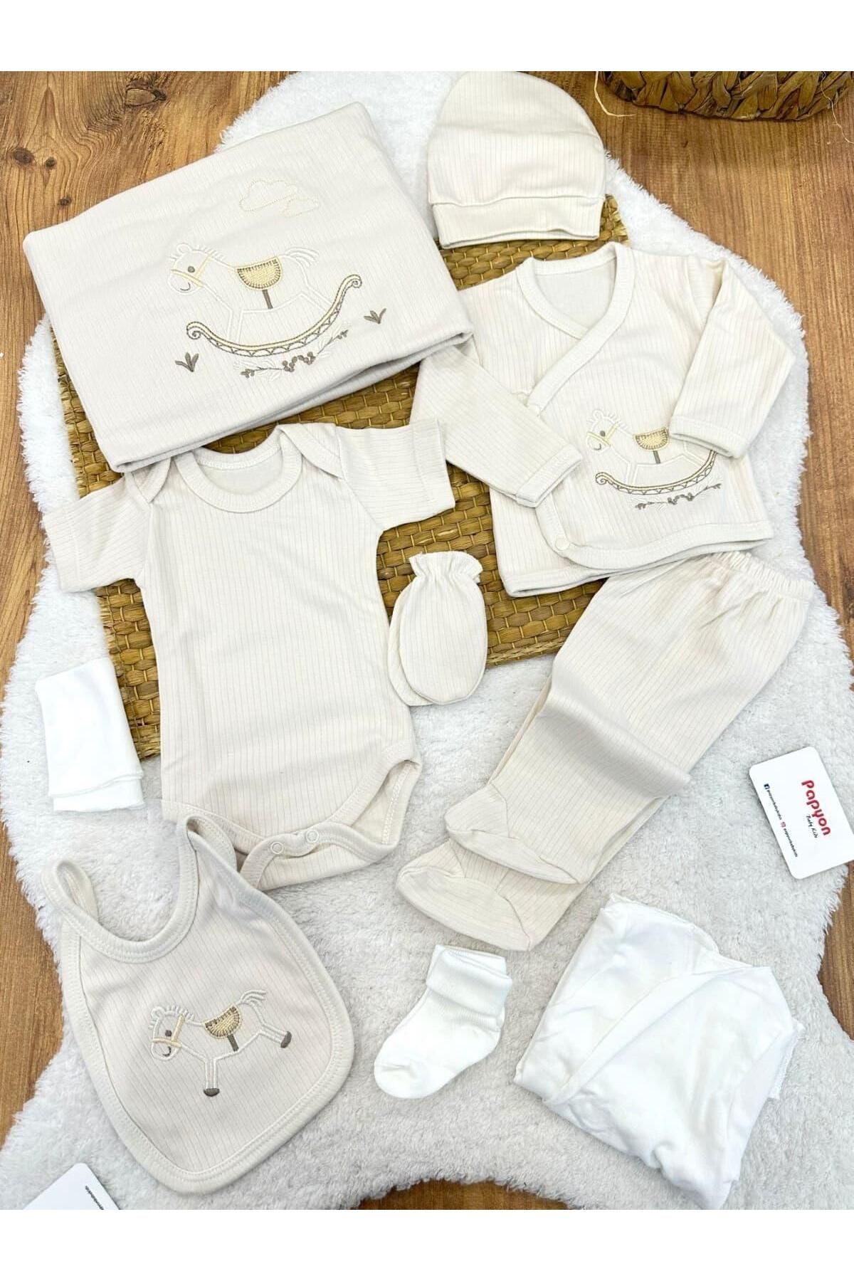 Papyon Baby Kids Sallanan At Nakışlı Fitilli Yenidoğan Erkek Bebek 10lu Zıbın Set Hastane Çıkışı