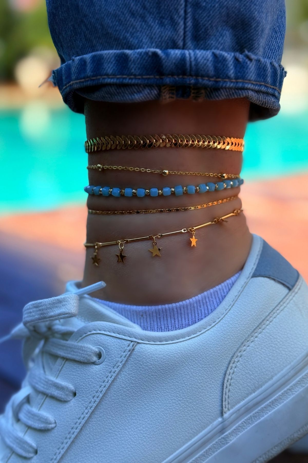 Trendy Butik Parlayan 5'li Halhal Seti - 04 Gold-Turkuaz Kristal