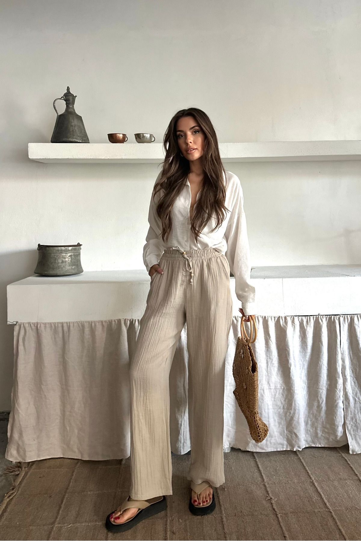 macharel jeans Müslin Keten Bol Paça Cepli Salaş Pantolon