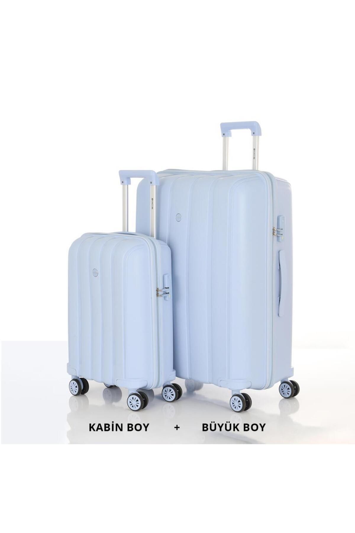 MÇS Bavul Büyük ve Kabin 2li Set Kırılmaz Silikon Valiz V305 BebeMavi